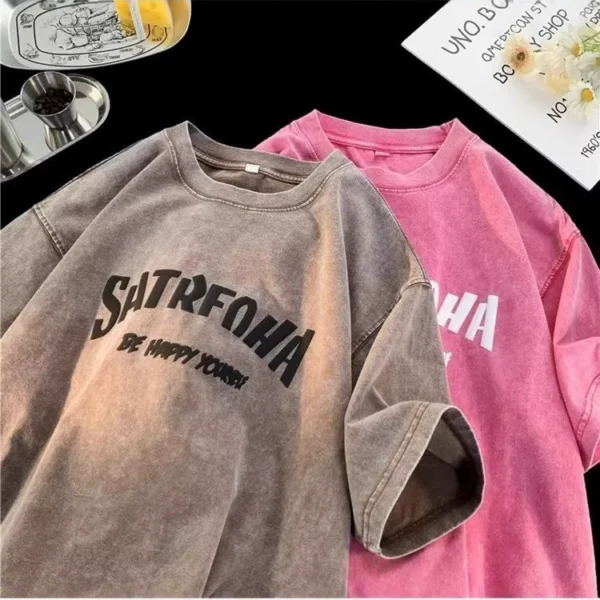 Simple washed distressed short-sleeved T-shirt for men and women for summer American retro niche design