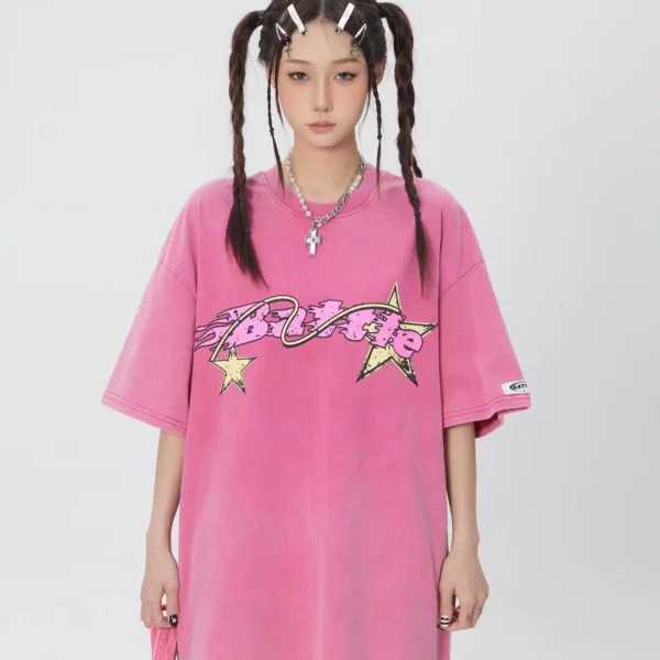 Washed distressed five-pointed star print short-sleeved T-shirt for women summer loose men and women tops