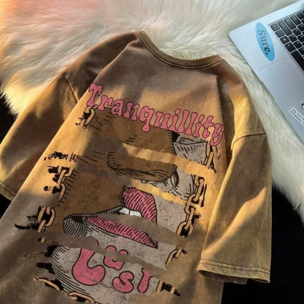 Summer American retro anime print distressed short-sleeved T-shirt for men lazy style couple casual washed