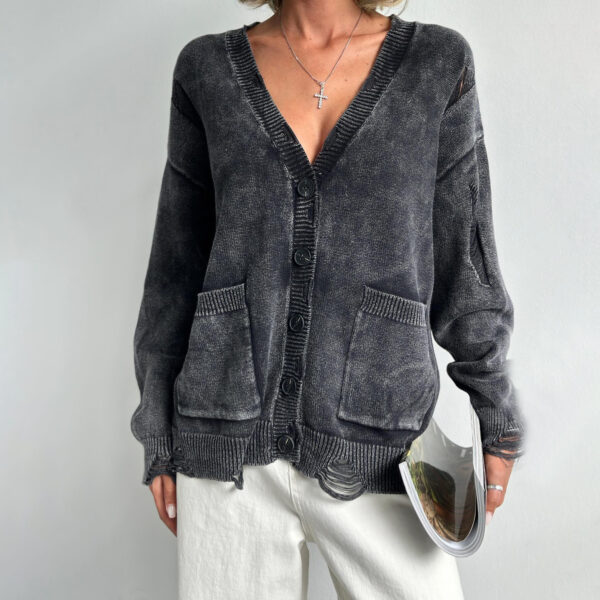 Vintage Distressed Knit Cardigan for Women – Washed Button Up Streetwear Sweater with Pockets