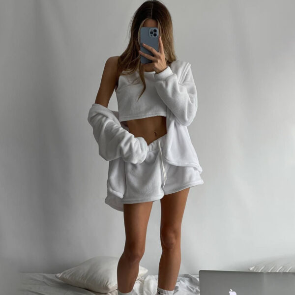 3-Piece Sherpa Fleece Set for Women – Cozy Fall Winter Outfit with Crop Vest, Drawstring Shorts & Plush Jacket