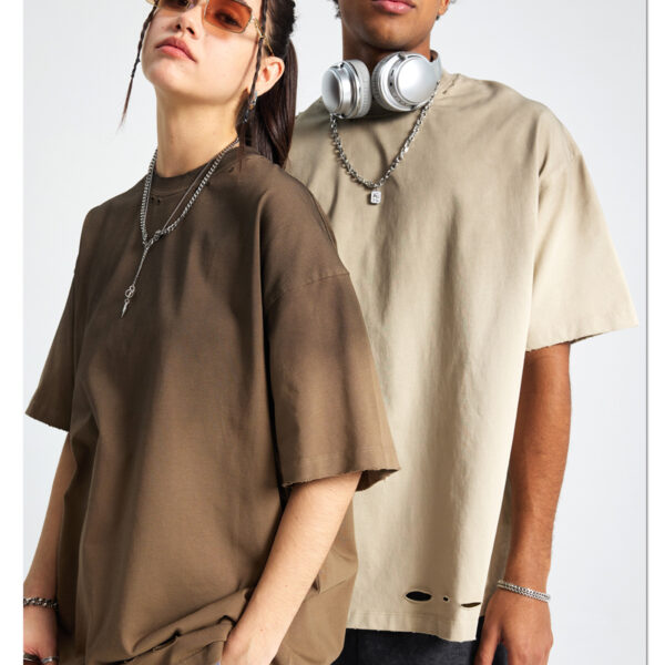 Summer hole washed men and women short-sleeved T-shirts Loose old short-sleeved trendy T