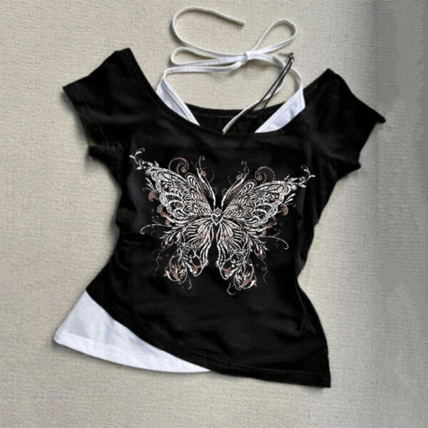 Summer new punk style gothic heart print short sleeve fake two piece t-shirt