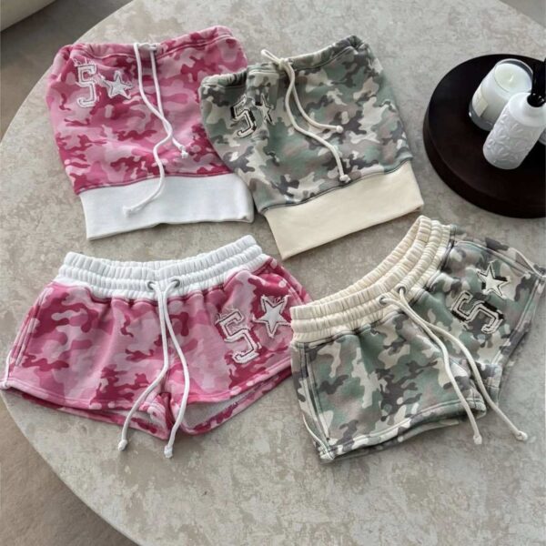 Women's fashion print casual vacation hot girl Y2K tube top wear tie string shorts suit