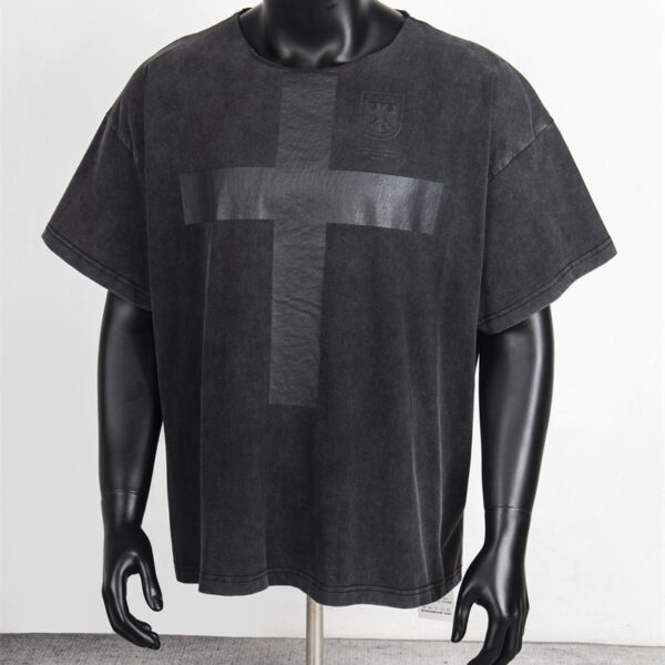 Collarless design loose cross print T-shirt trend