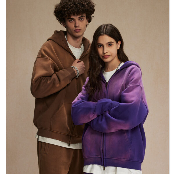Winter thickened simple distressed double-head zipper men's and women's sweatshirt washed hoodie
