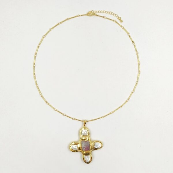 Cross Shape Turquoise Tourmaline Freshwater Pearl 18k Gold Plated Pendant Necklace