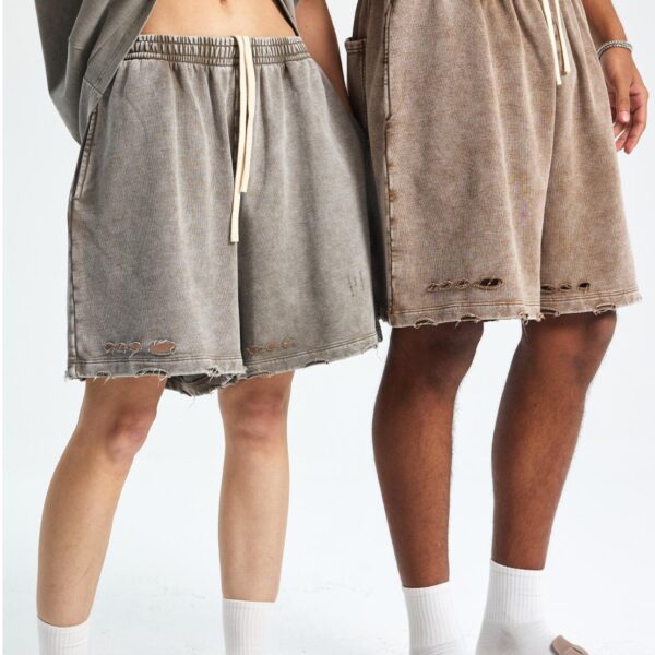 Street washed, cut, distressed loose cotton unisex shorts