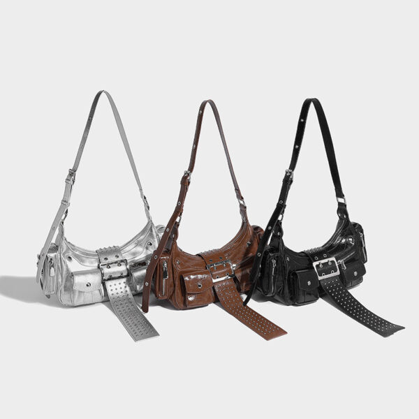 Trendy Single-Shoulder Underarm Biker Bag | Punk Studded Belt Buckle 辣妹 Crossbody Handbag for Women"