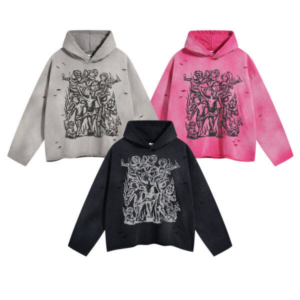 450G Distressed Washed Graffiti Hoodie – Streetwear Oversized Monkey Print Pullover for Fall