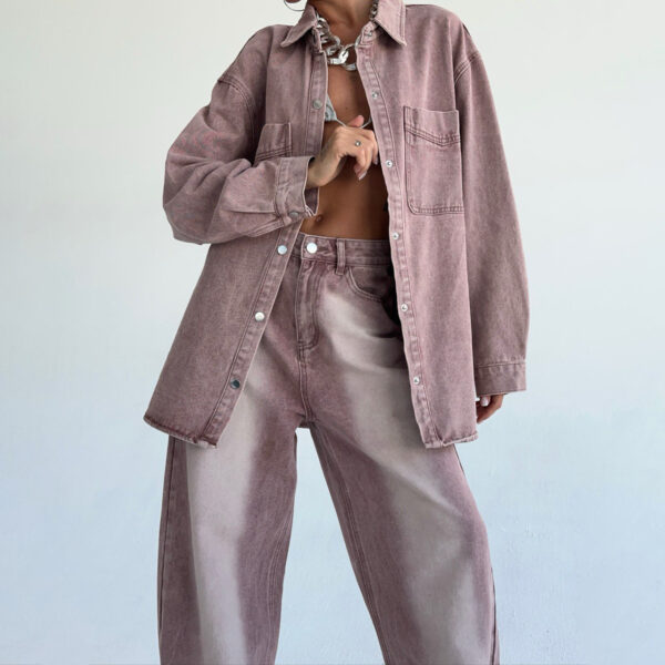 Washed Vintage Denim Set for Women – Smoky Purple Oversized Jacket & Jeans, Fall Winter Casual Outfit