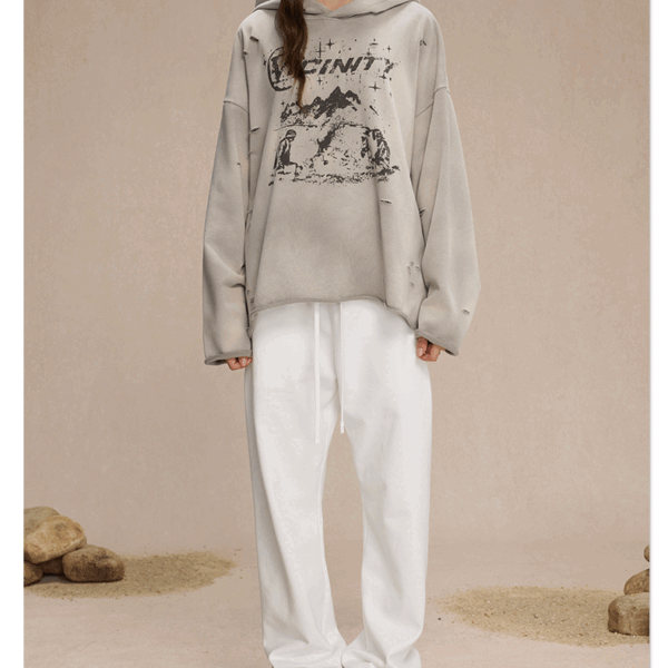 Vintage Distressed Monkey Print Hoodie – Unisex Washed Streetwear Pullover with Raw Hem