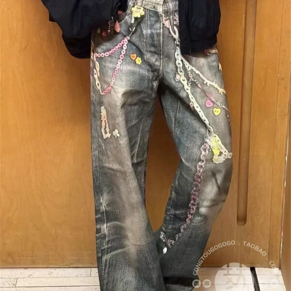 "High-Street Vintage Washed Baggy Wide-Leg Jeans - 3D Colorful Graphic Print Stacked Hem Distressed Denim Pants | Trendy Y2K Retro Streetwear Hot Sale"