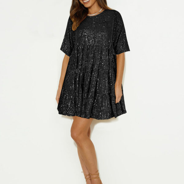 "Best-Selling Sequin Dress Women's Autumn | Vintage Round Neck Sexy Beaded A-Line Short Skirt | Trendy Party Dress"