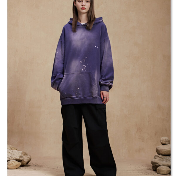 High-Street Splatter Washed Distressed Hoodie - Gradient Design Edgy Cool Unisex Sweatshirt | Trendy Oversized Distressed Hooded Pullover 2025