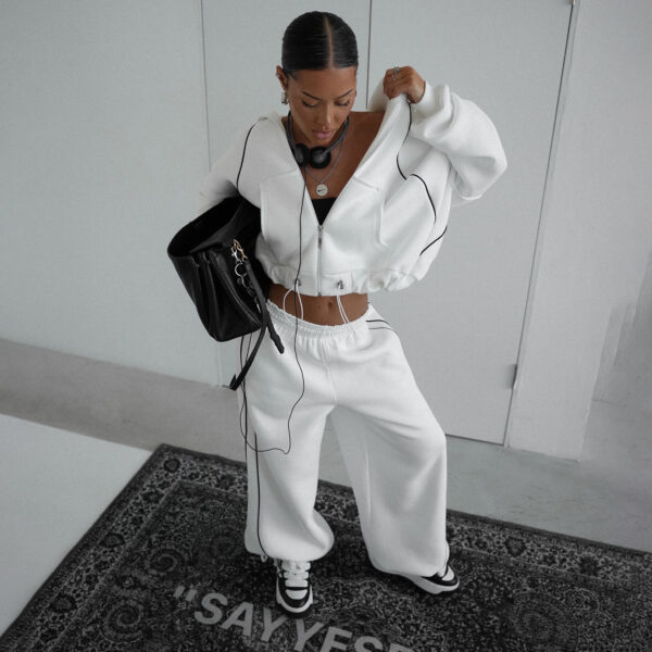 Fall Women's Hoodie Set – Colorblock Zip-Up Top & Loose Straight-Leg Pants, Casual 2-Piece Outfit