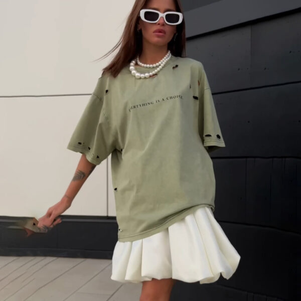 Women's Oversized Distressed T-Shirt – Drop Shoulder Crew Neck Tee, Casual Summer Streetwear